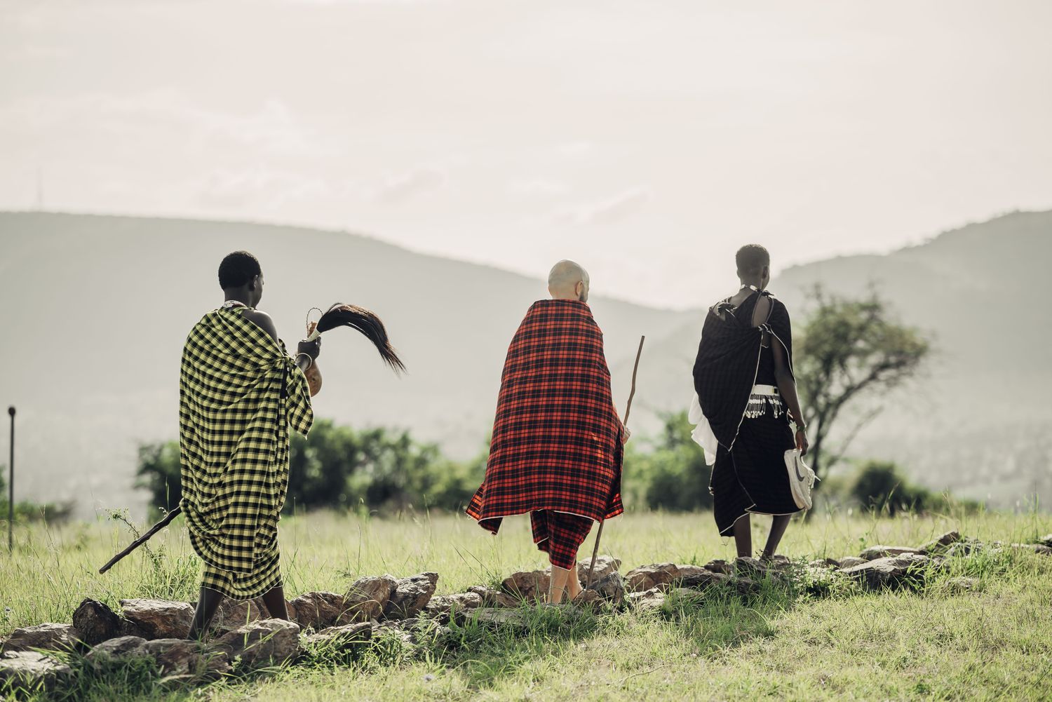 Three Maasai men walking through green hills